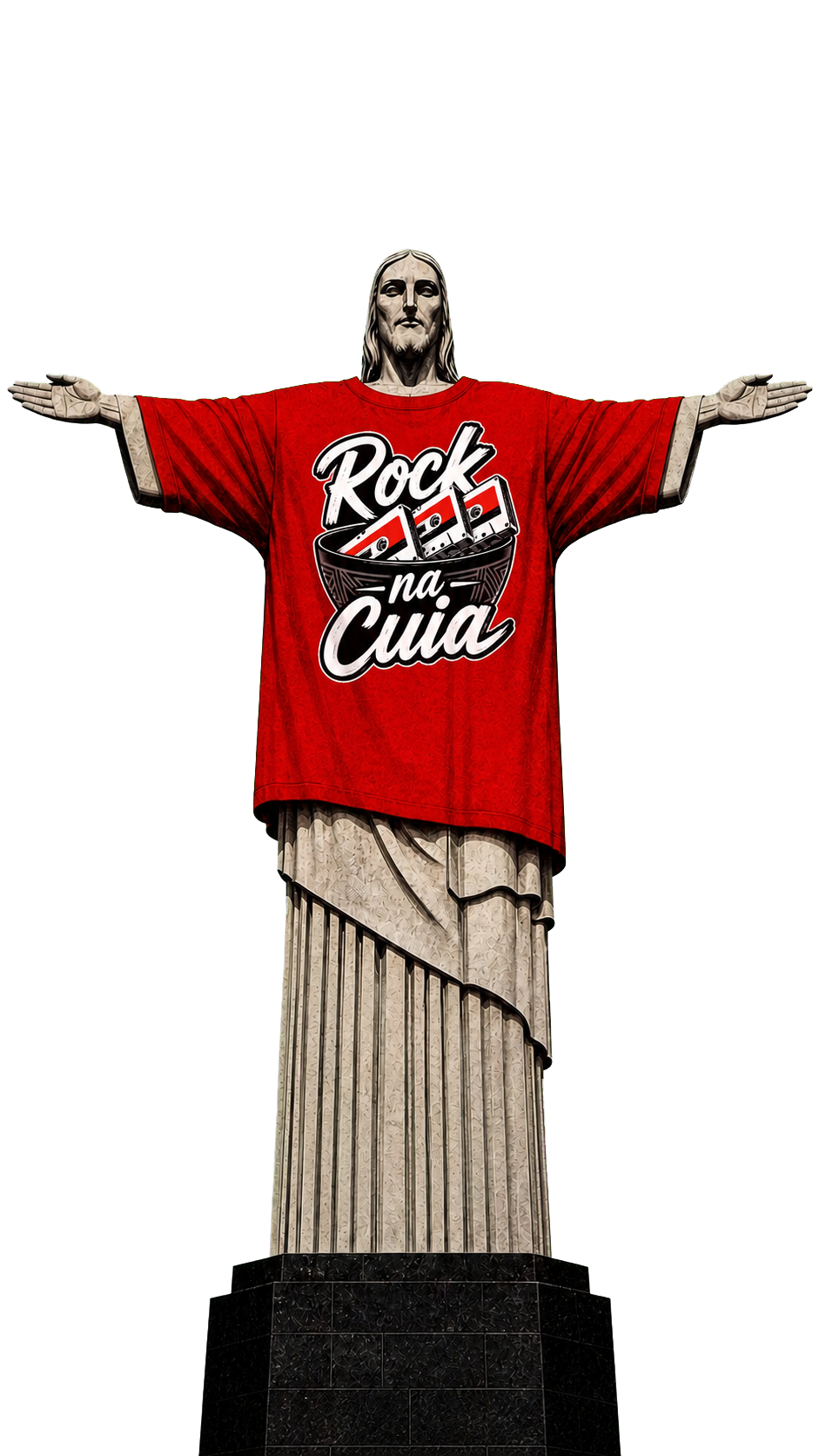 Cristo Redentor vestindo uma camisa vermelha com a logo Rock na Cuia